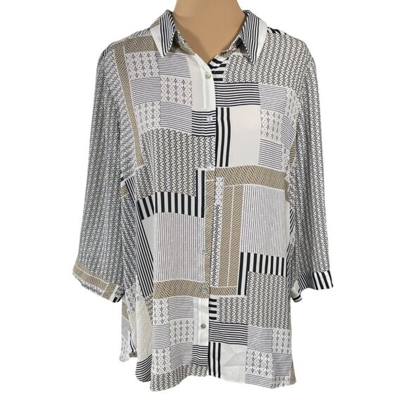 Rose & Olive Patchwork Blouse Top Black Tan White Size 1X Button Front - Picture 1 of 6
